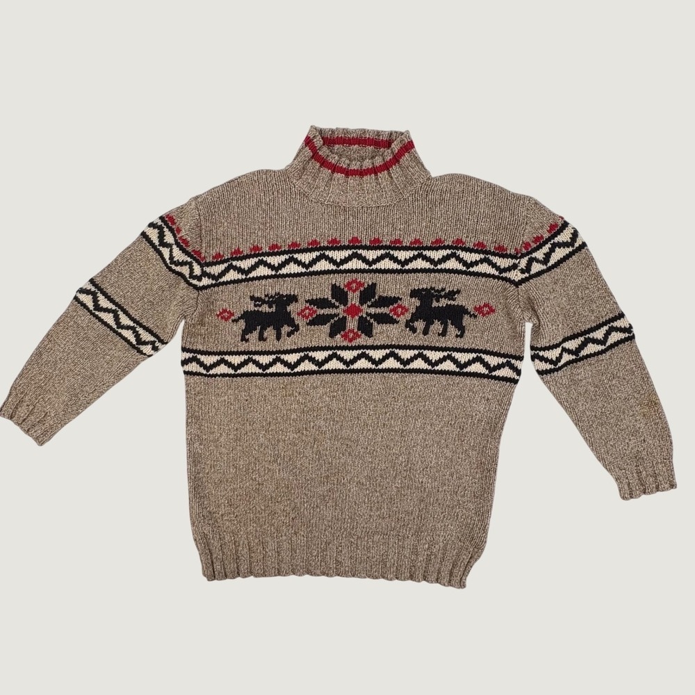 Eddie Bauer Fair Isle Sweater Womens Petite S Tan Silk Wool Reindeer Mock Neck - Picture 2 of 6